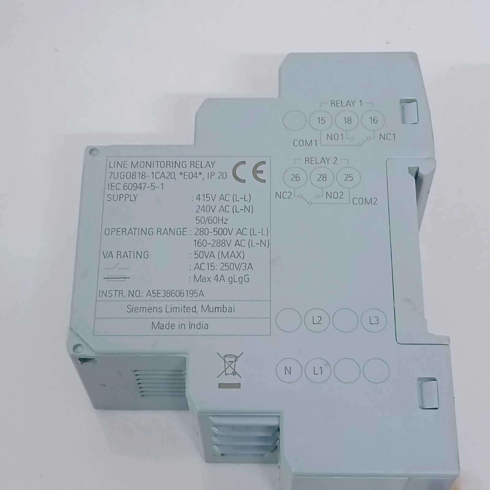 SIEMENS 7UG0818-1CA20 LINE MONITORING RELAY SUPPLY - 415V AC(L-L) /240V AC (L-H) - Image 3